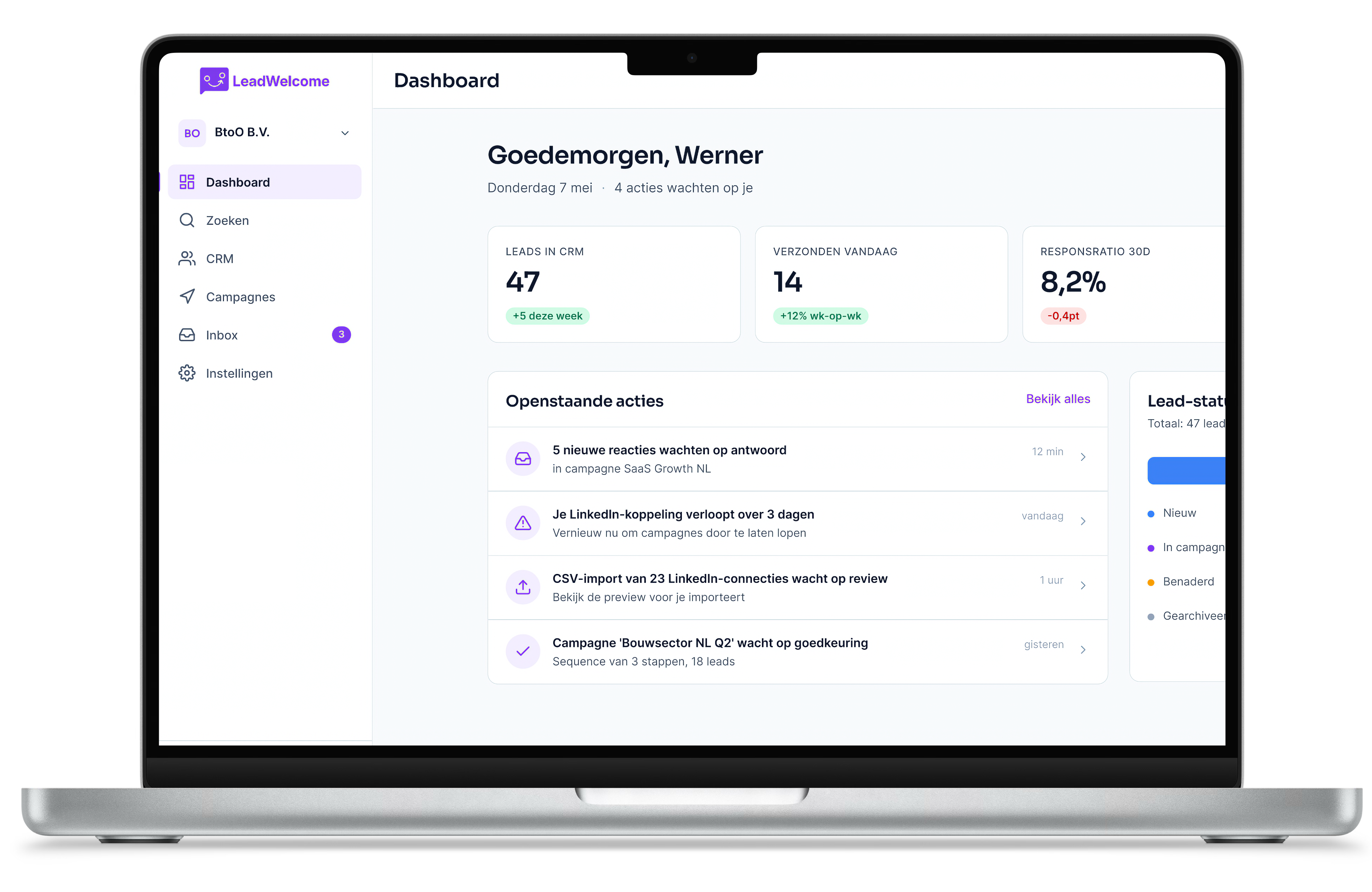 LeadWelcome dashboard op laptop